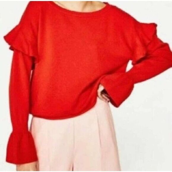 Zara Knit EUC Orange Boat Neck Ruffle Bell Sleeve Sweater Size S - Picture 12 of 12